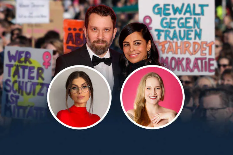 Artikelbild zur Debatte über sexualisierte Gewalt mit Collien Fernandes, Linda Loran und Leonie Plaar.